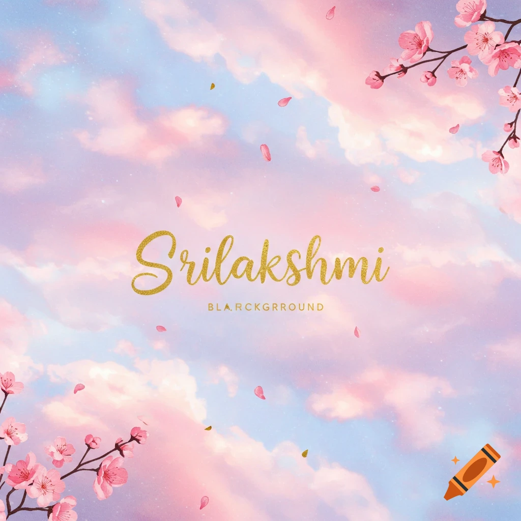 A pink and purple cloudy sky with cherry blossoms and the name Srilakshmi in gold glitter text.