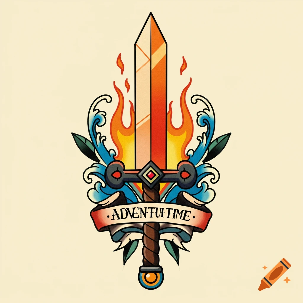 Traditional tattoo style illustration of a sword with flames and waves, banner below.