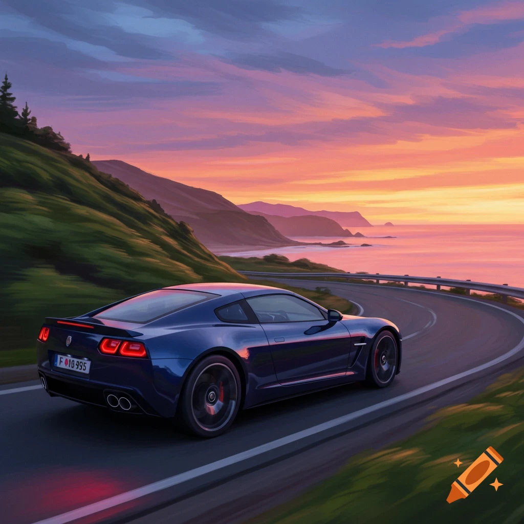 Blue sports car driving on a coastal road at sunset