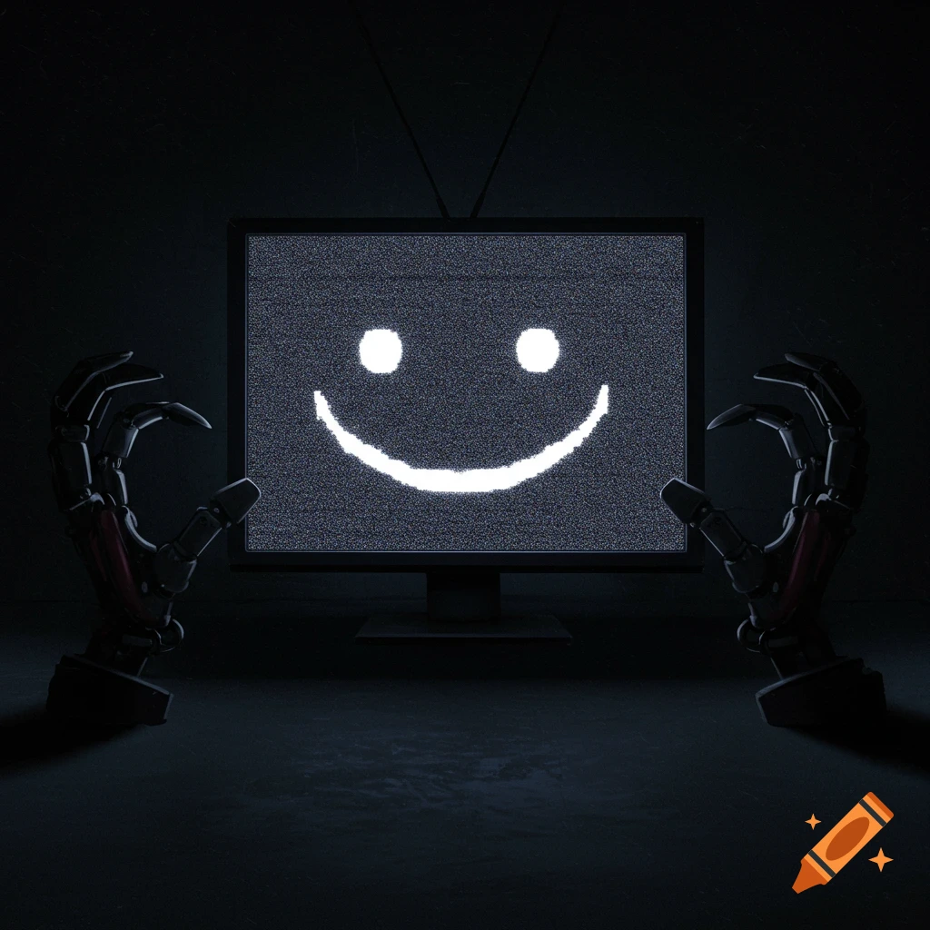 Robotic hands reach towards a dark television screen displaying a static white smiley face.