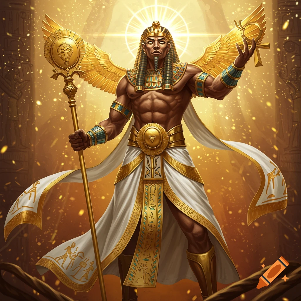 Muscular male figure in golden Egyptian attire with wings, holding a staff and ankh in a golden, sunlit setting.
