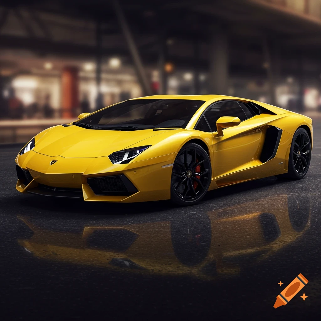A bright yellow Lamborghini Aventador sports car sits on a wet surface reflecting its image.