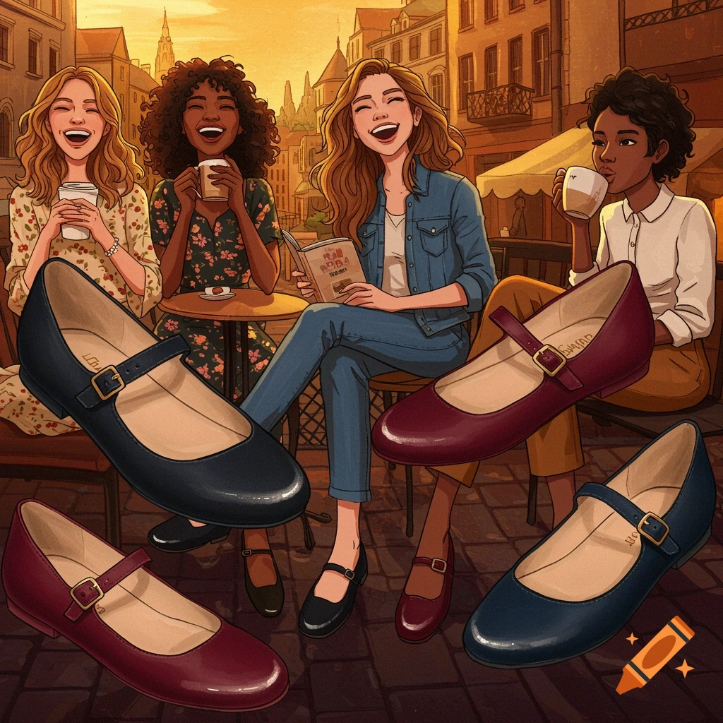 Women at a cafe with large Mary Jane shoes in foreground.