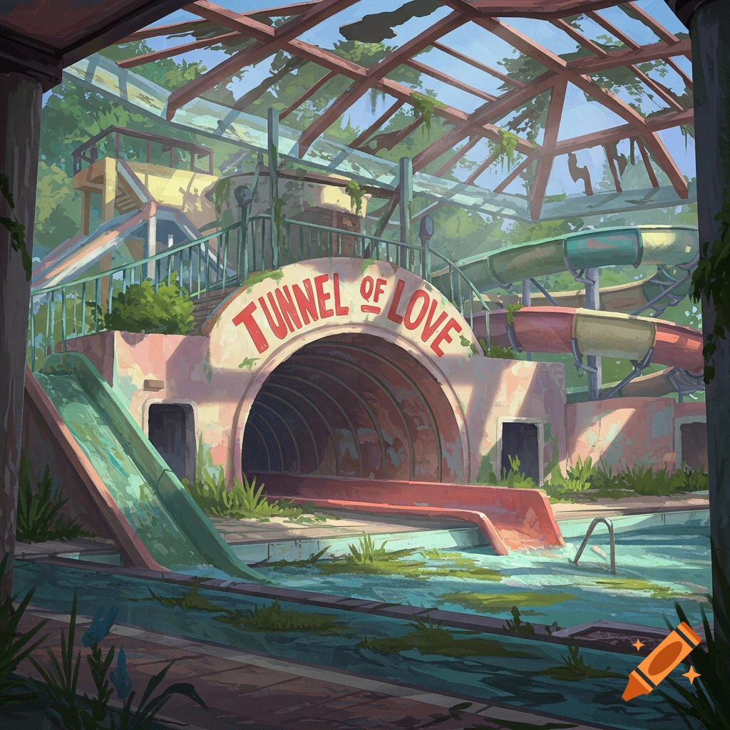 Abandoned water park with 'Tunnel of Love' sign.