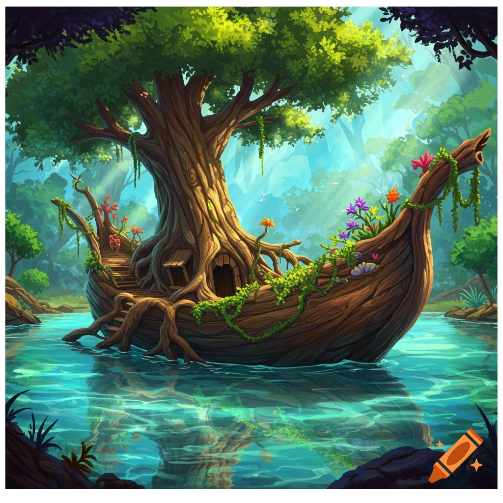 A fantasy boat made from a tree floats on blue water in a forest.