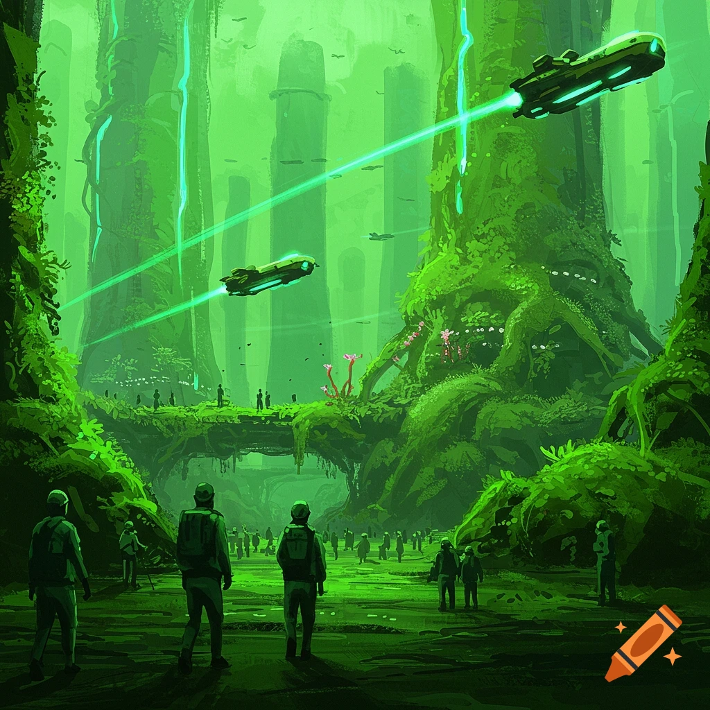People in a lush green dystopian sci-fi landscape with flying ships