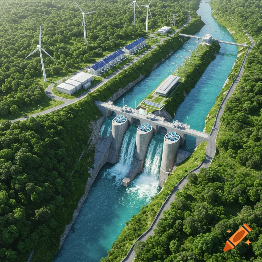 Photorealistic aerial view of a futuristic hydropower dam complex integrated with wind turbines and solar panels in a lush green river valley.