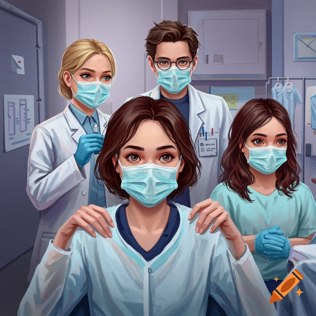 Four medical professionals wearing masks in a hospital setting.