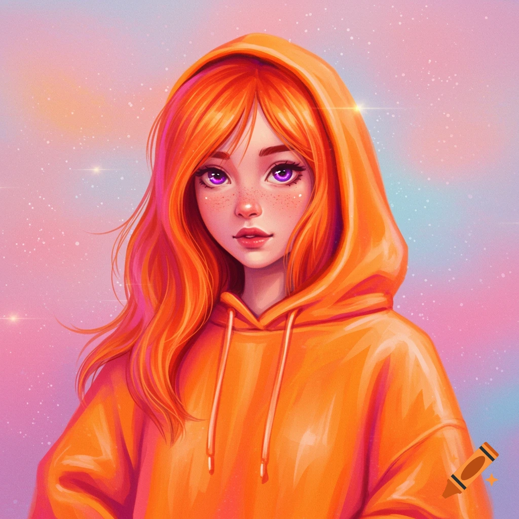 A young girl with bright orange hair and purple eyes is wearing an orange hoodie. The background is pastel pink and blue.