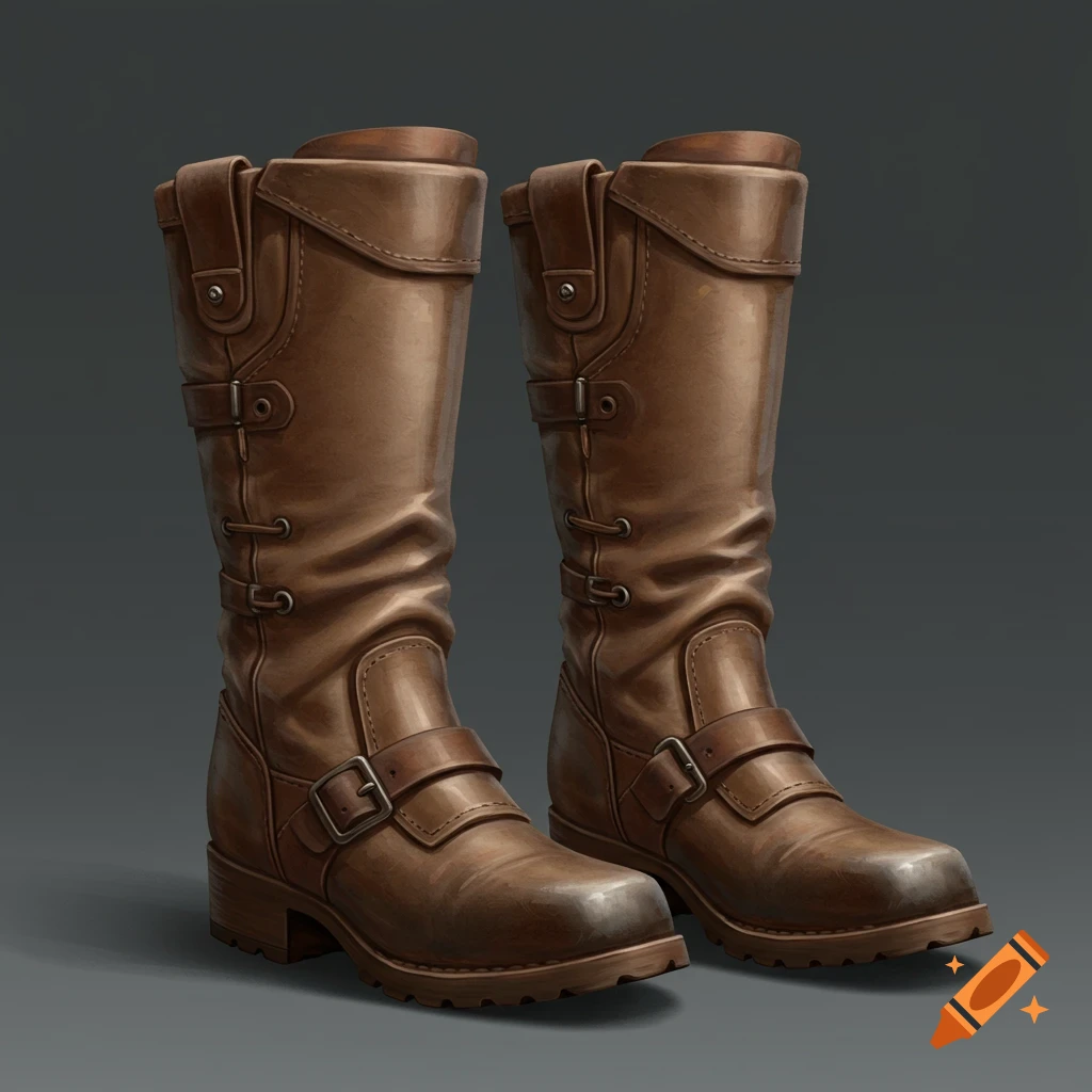 A pair of tall brown leather boots with straps and buckles on a dark background.