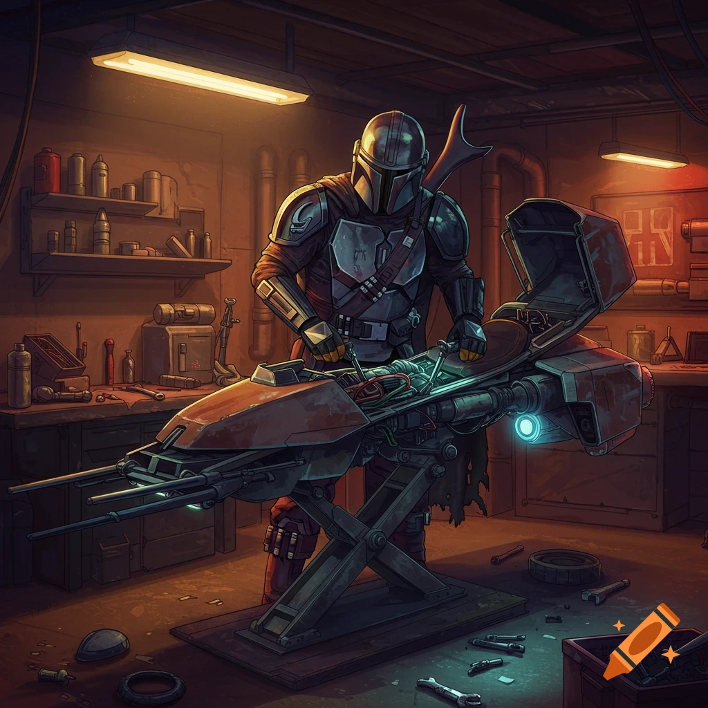 A Mandalorian mechanic is repairing a speeder in a cluttered workshop.