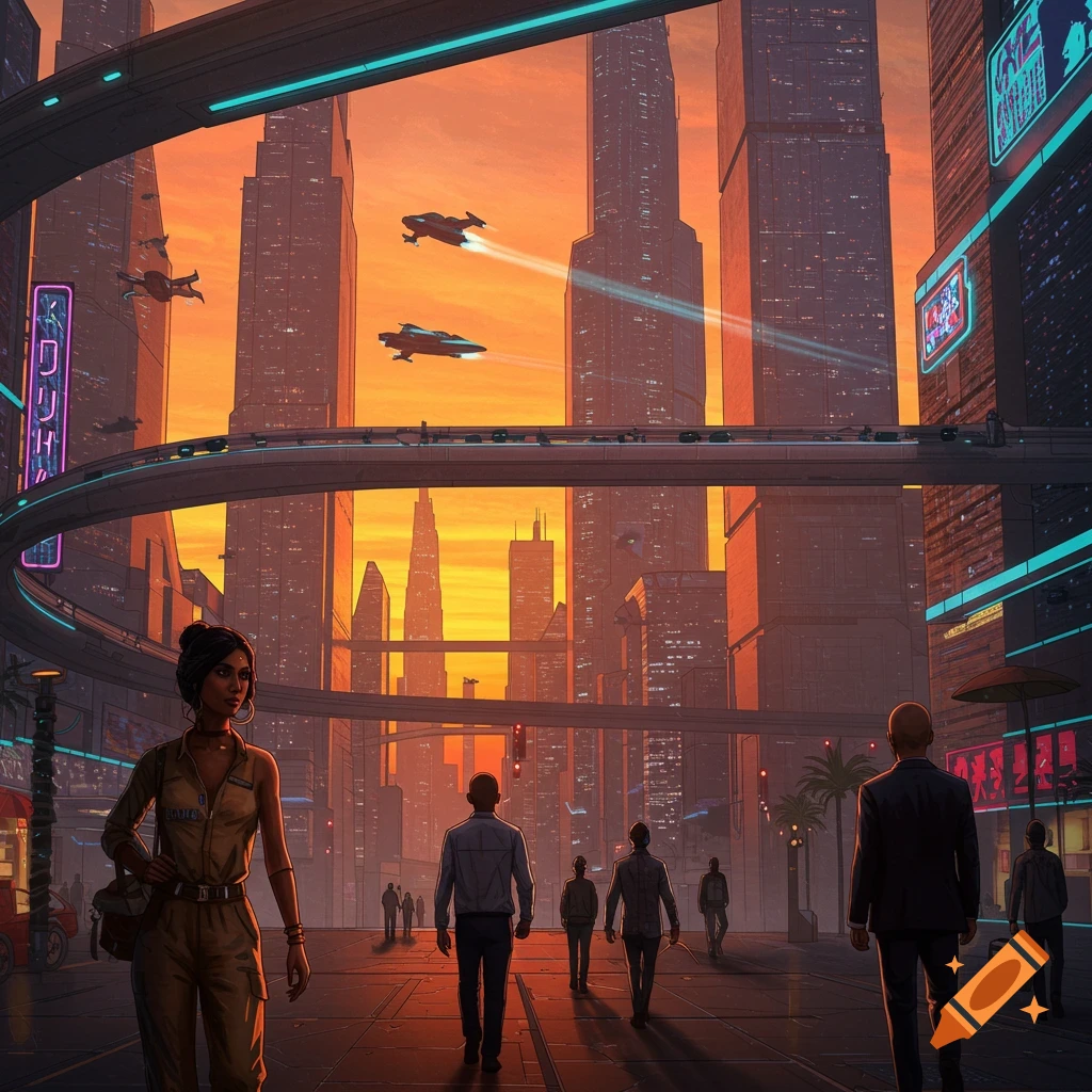 A futuristic city street scene at sunset with tall buildings, flying vehicles, and people walking.