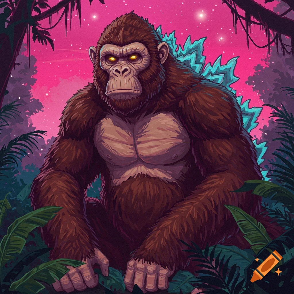 A large ape monster with Godzilla fins sits in a jungle under a pink sky