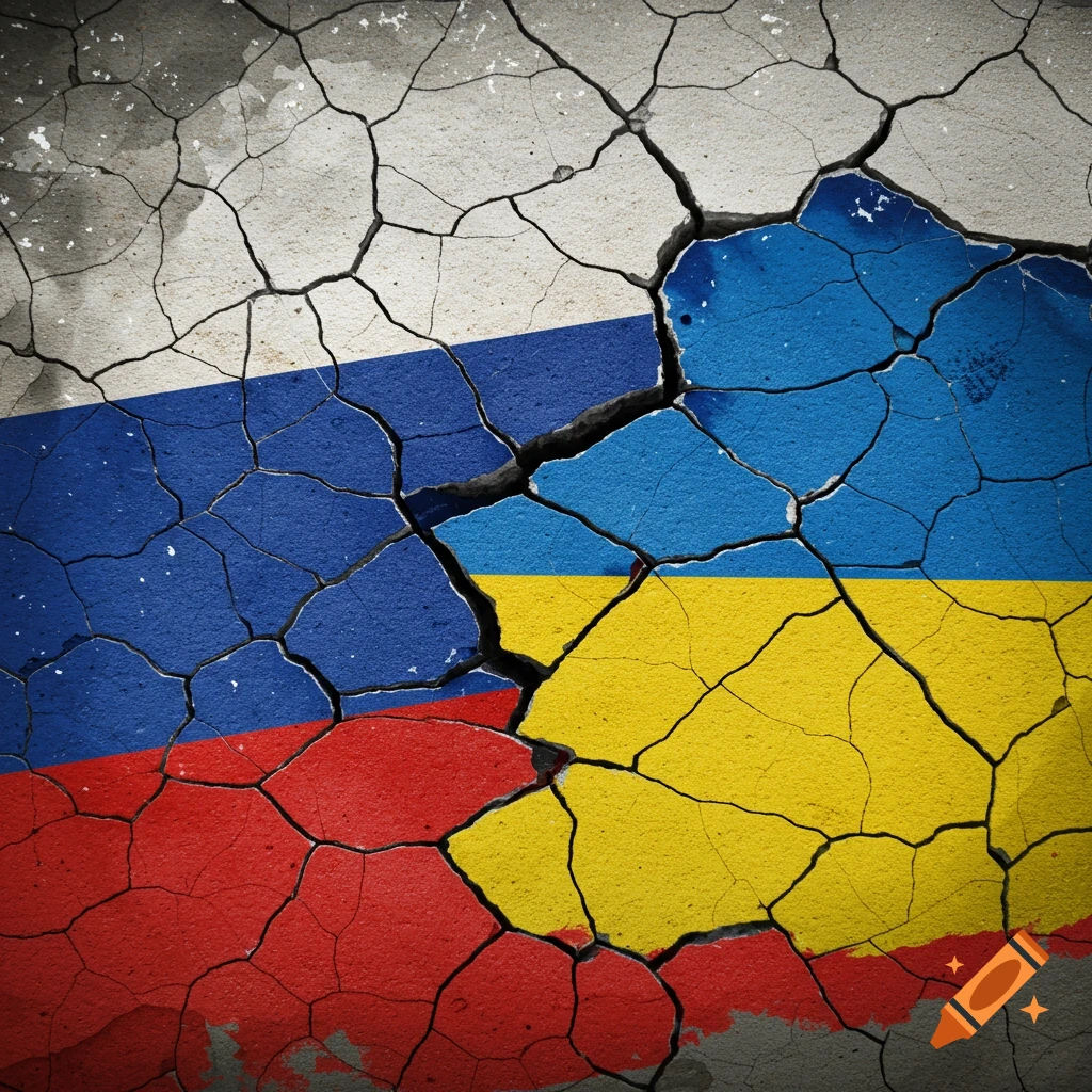 Russian and Ukrainian flags on a deeply cracked surface.