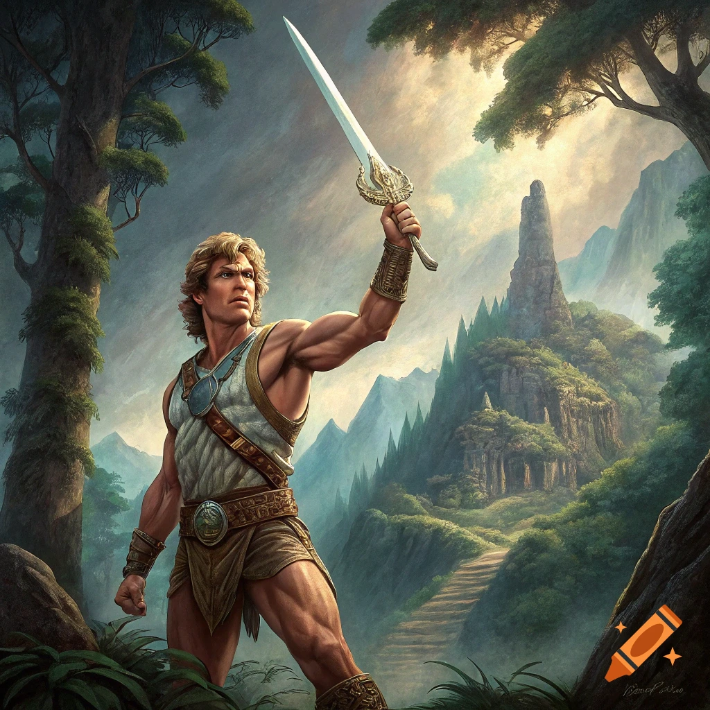 Muscular man in fantasy armor holds a sword aloft in a detailed landscape with mountains and trees.