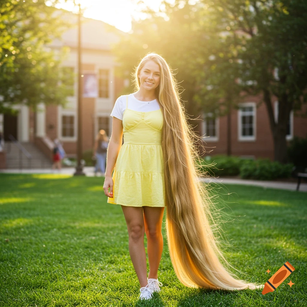 A smiling young woman with extremely long blonde hair stands on a grassy college campus lawn in the sun.
