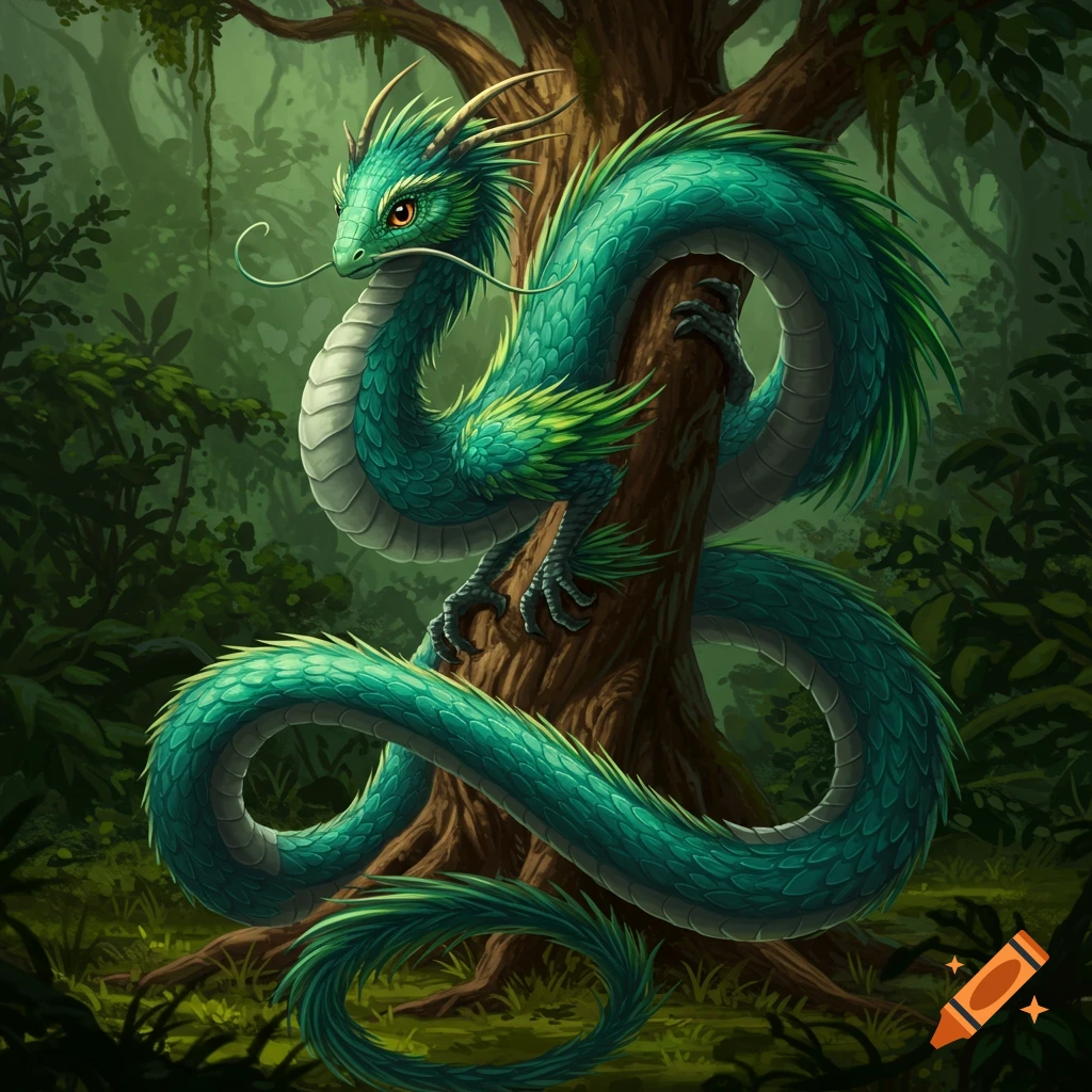A teal dragon-like serpent coiled around a tree in a lush forest.