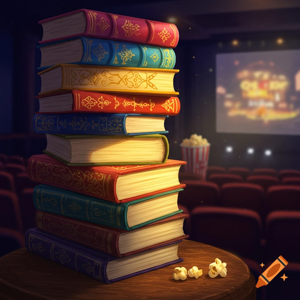 Stack of colorful books on a table in front of a blurred movie screen and theater seats.