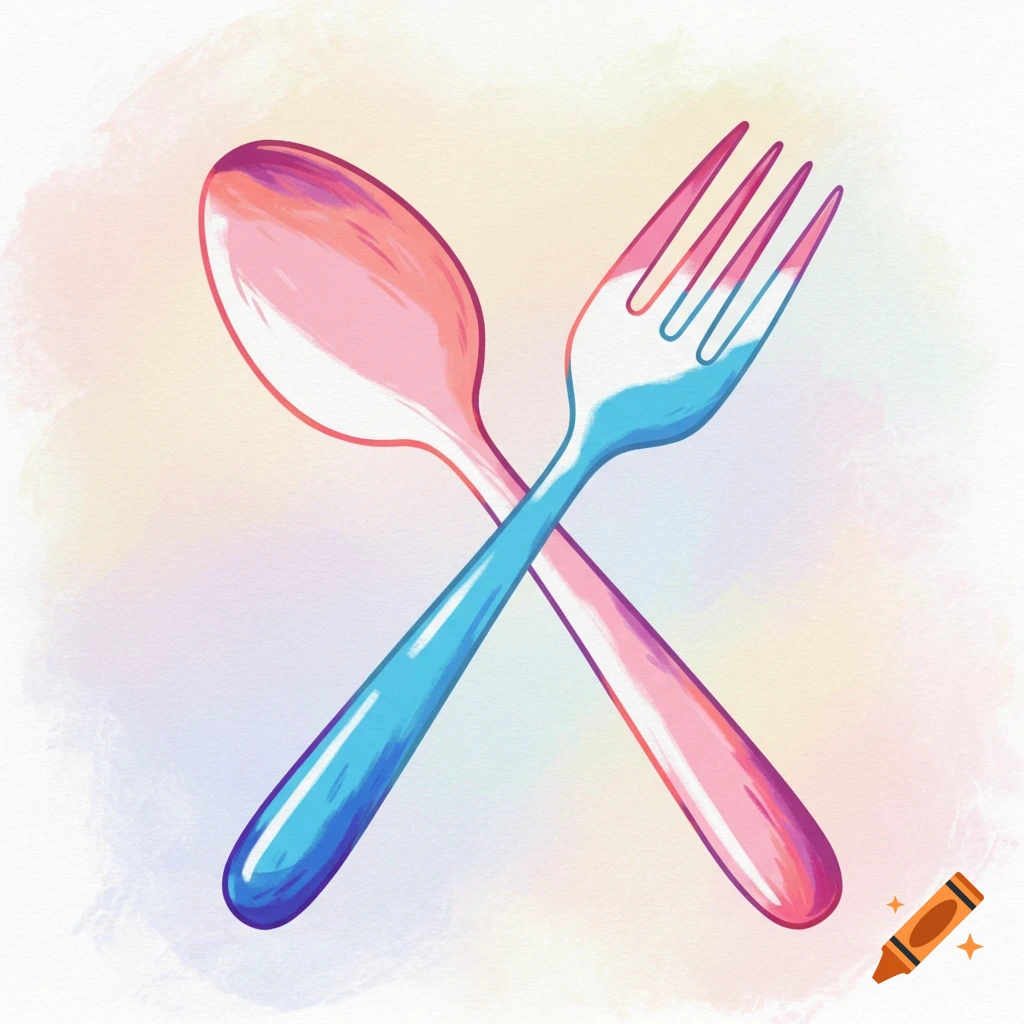 Crossed spoon and fork in trans pride flag colors.