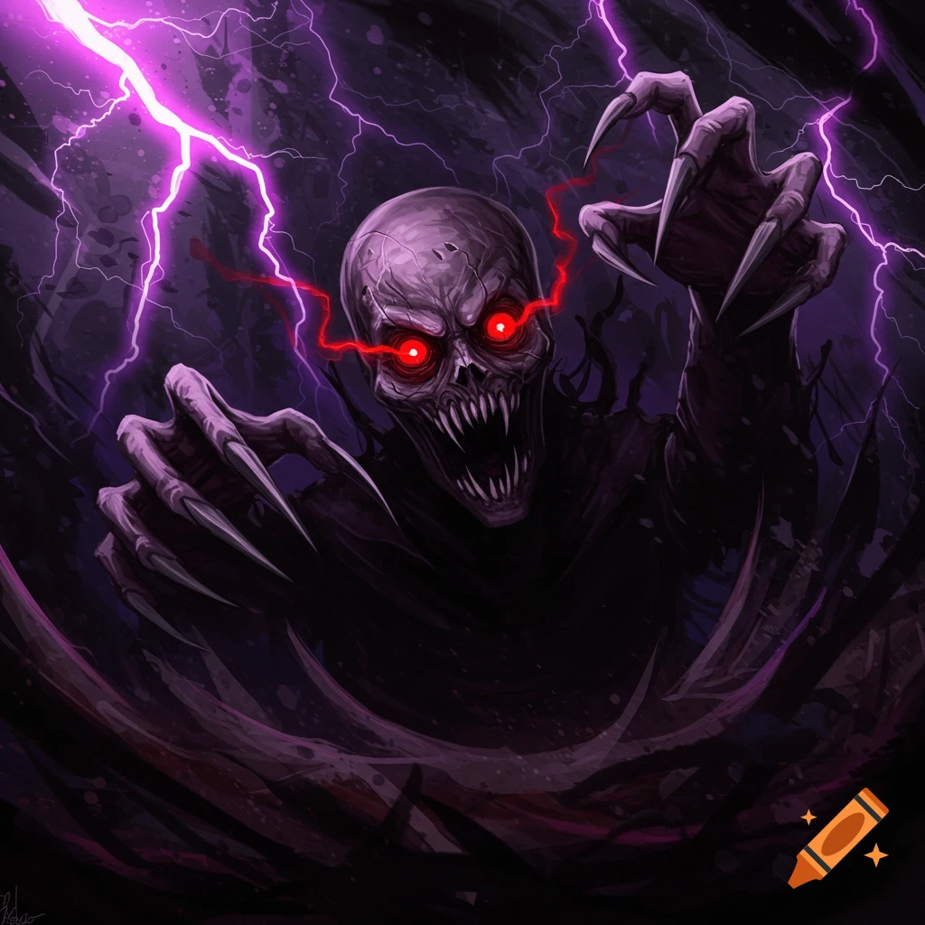 A scary skeletal monster with red eyes and claws, surrounded by purple lightning.