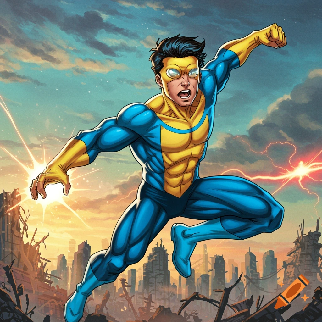 Invincible superhero flies over a ruined city in a comic art style.