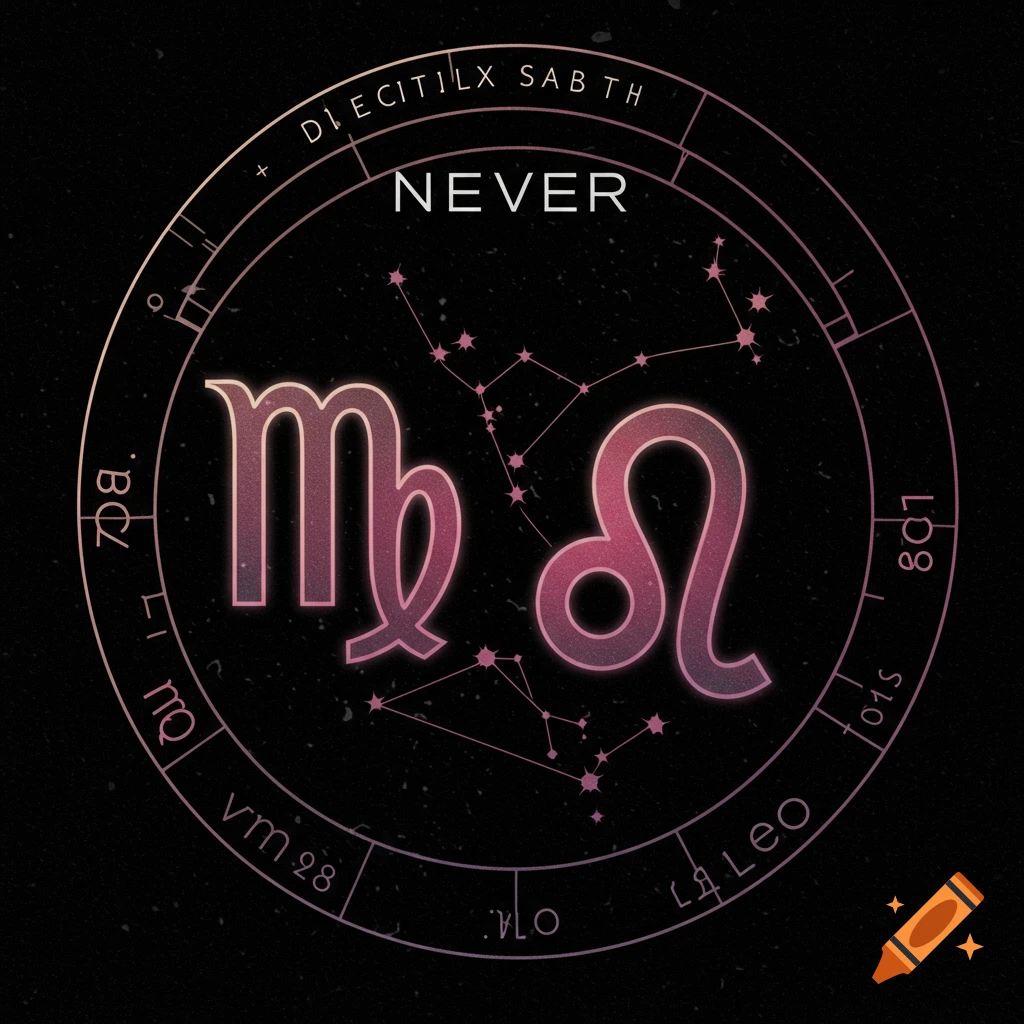 Album cover art with Virgo and Leo zodiac symbols, constellations, and the word NEVER in a circular design.