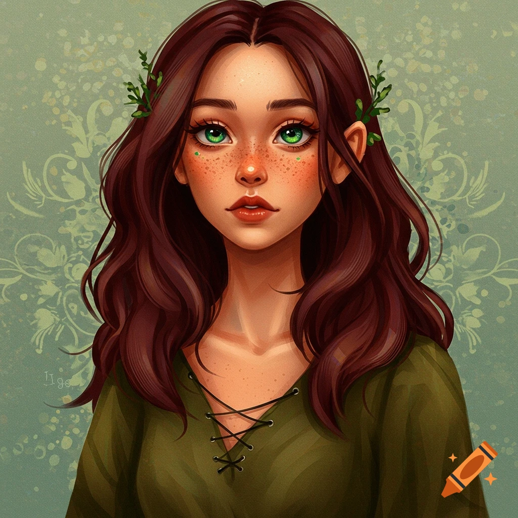 A portrait of a young woman with brown hair, green eyes, freckles, and leaves in her hair, wearing a green top.