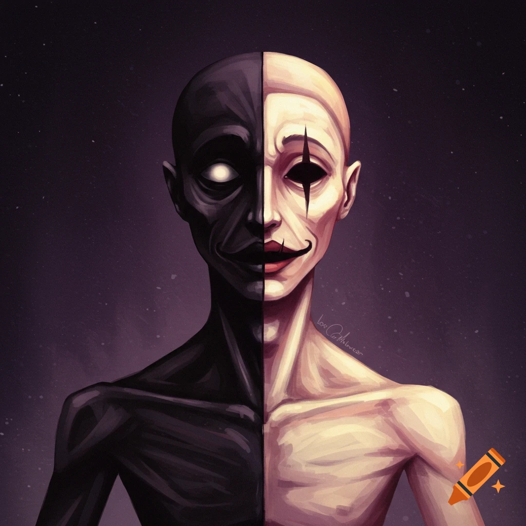 A split-face creature, half black, half off-white, with a mask-like face