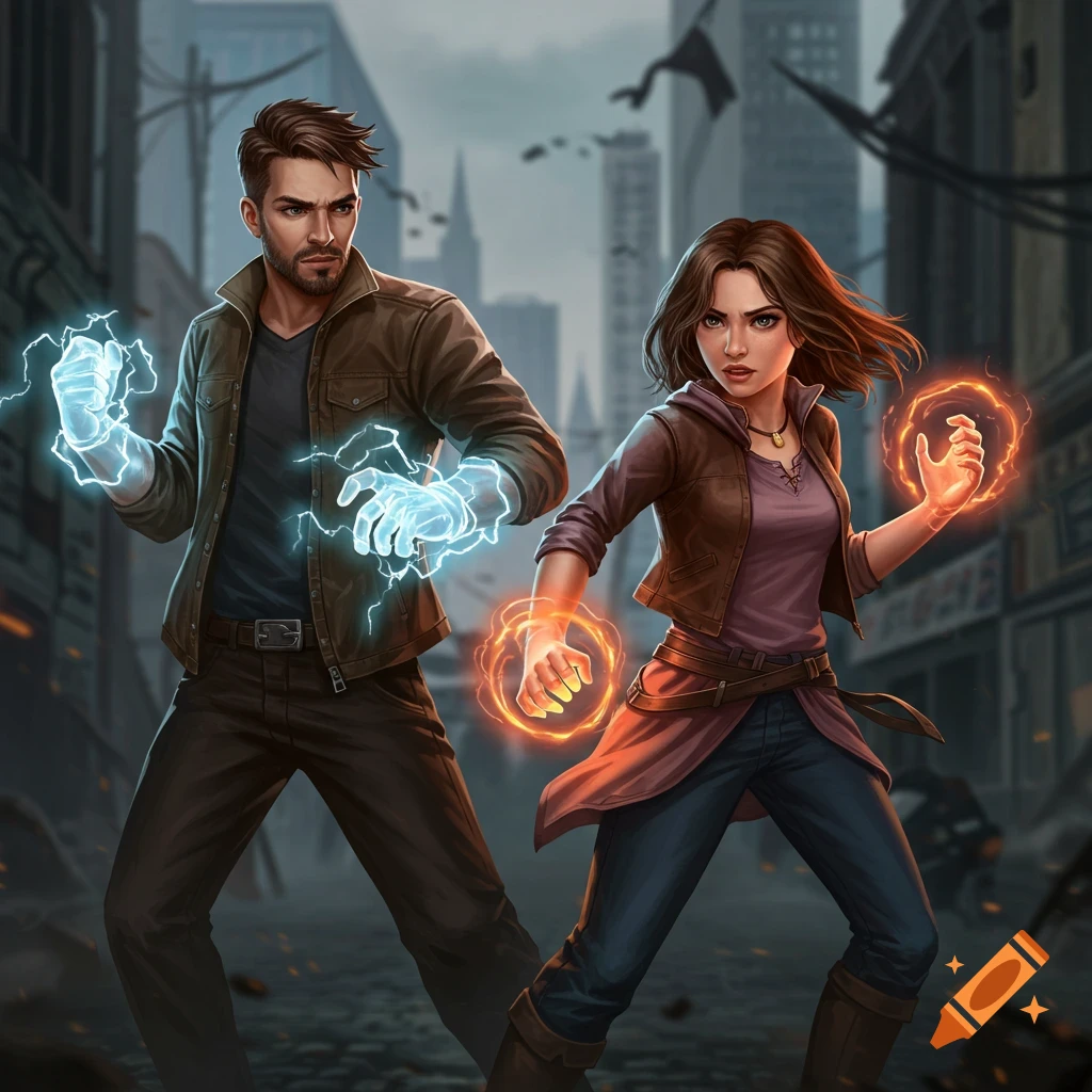 A man and woman with glowing hands stand ready to fight in a city street.