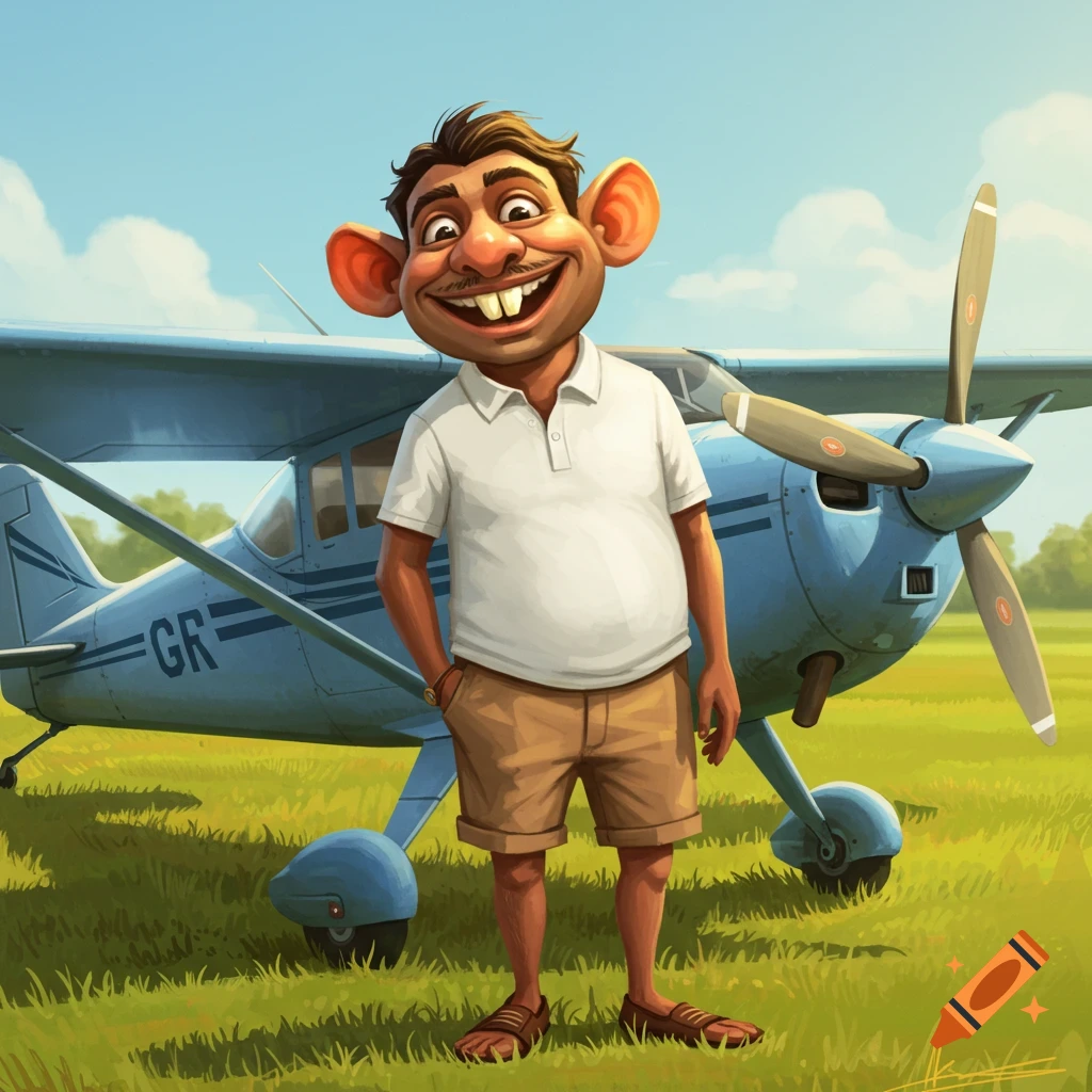 A cartoonish man smiles broadly standing next to a blue small plane in a grassy field.