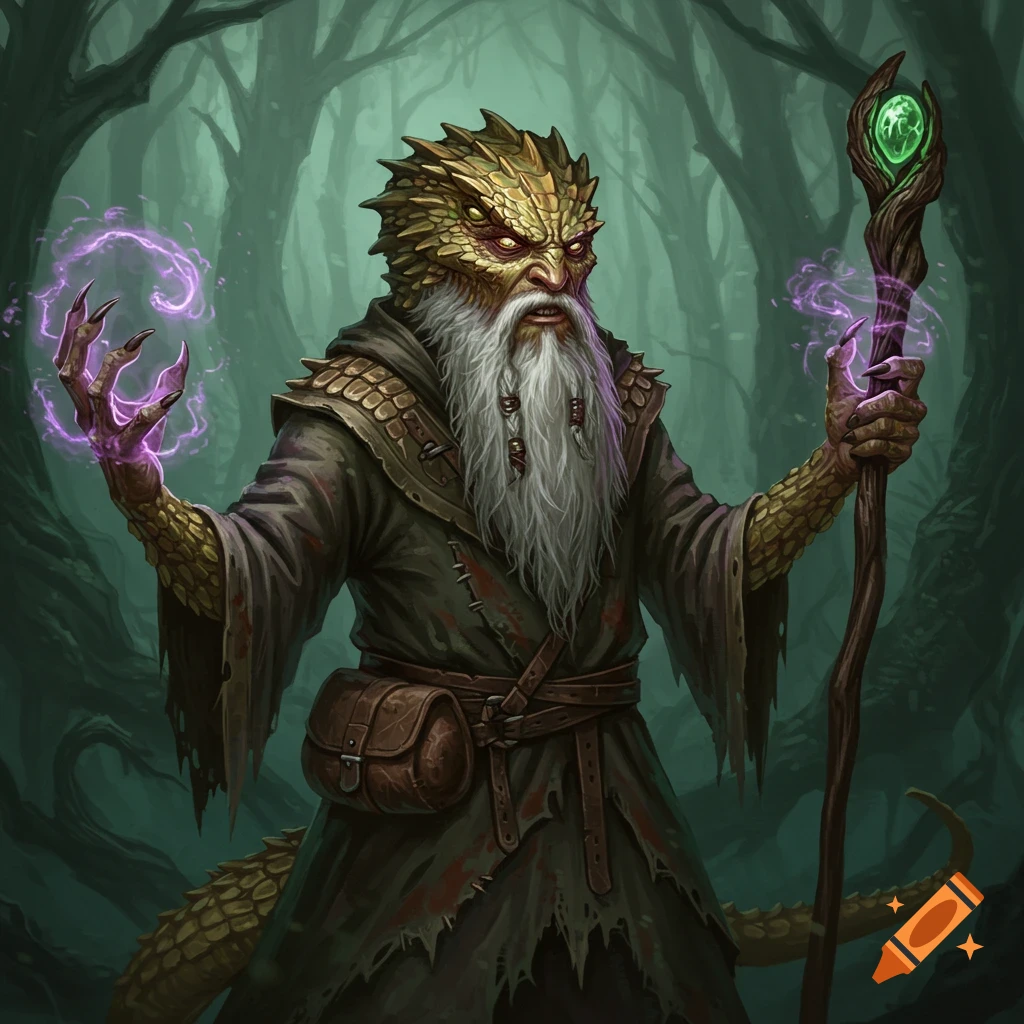 Lizard wizard casting purple magic and holding a staff in a forest.