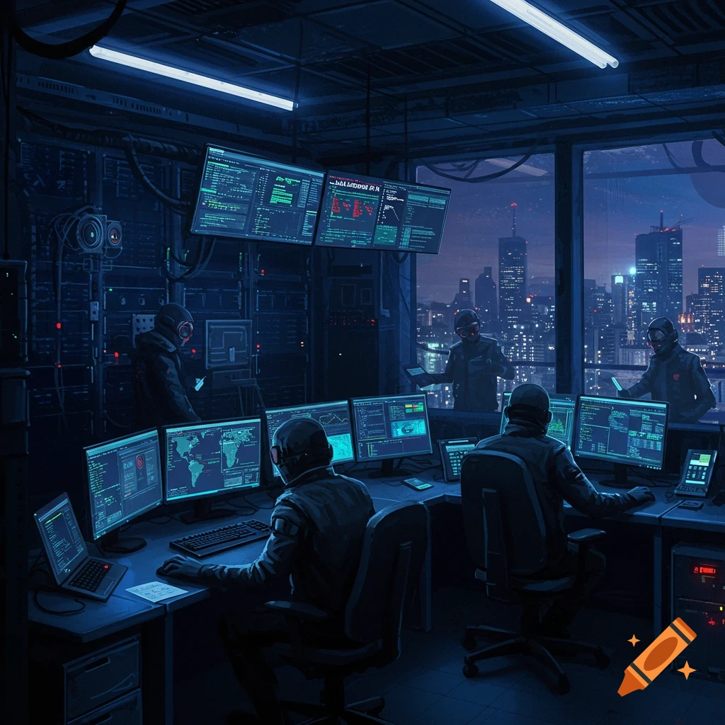Hackers in a dark control room with multiple monitors displaying data, overlooking a city skyline at night.