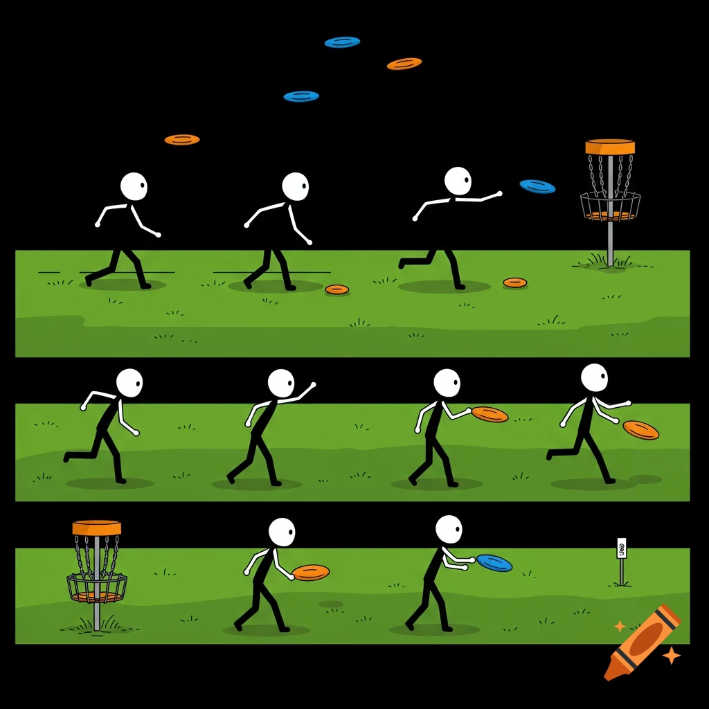 A sequence of stick figures throwing a frisbee into a disc golf basket.