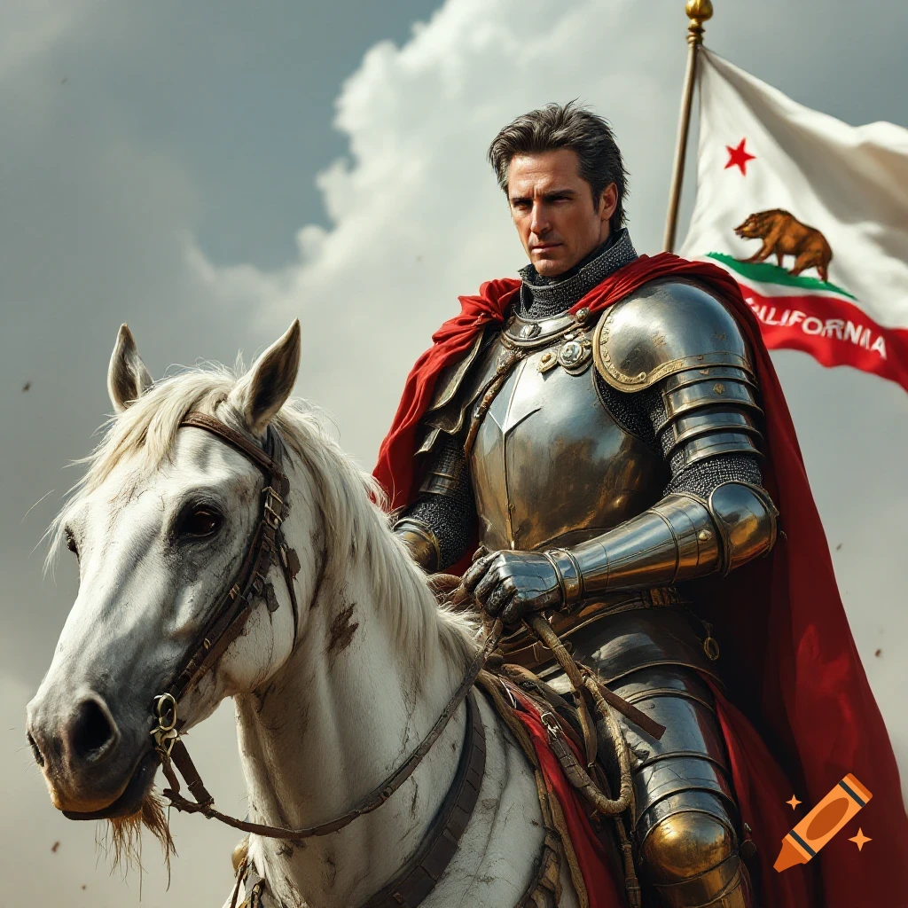 A knight on a white horse holds a California state flag.