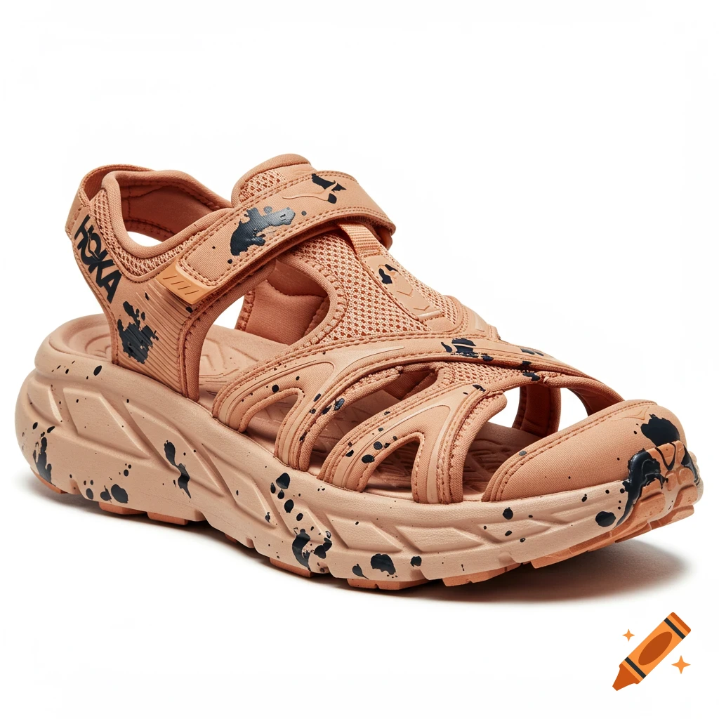 Peach colored Hoka sandal with black paint splatter