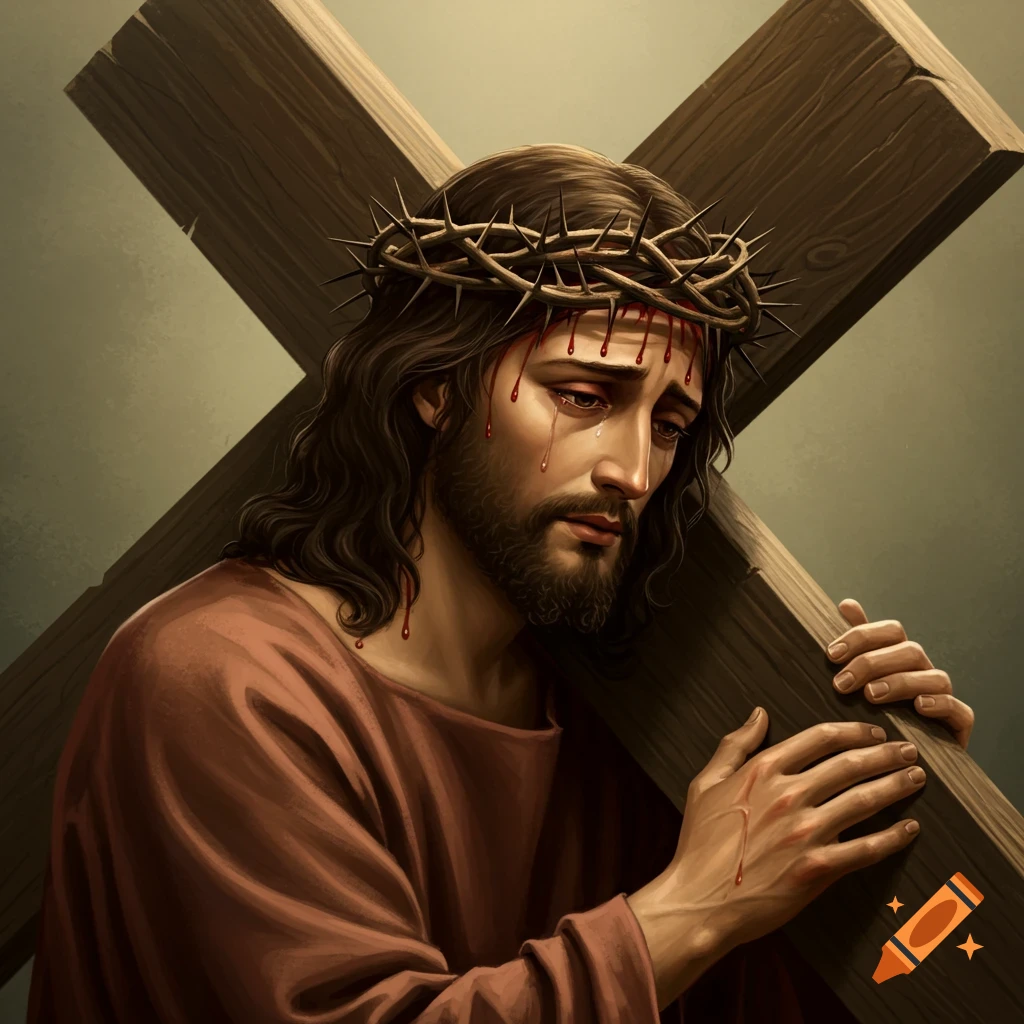 Image of Jesus carrying the cross with a crown of thorns, blood visible.