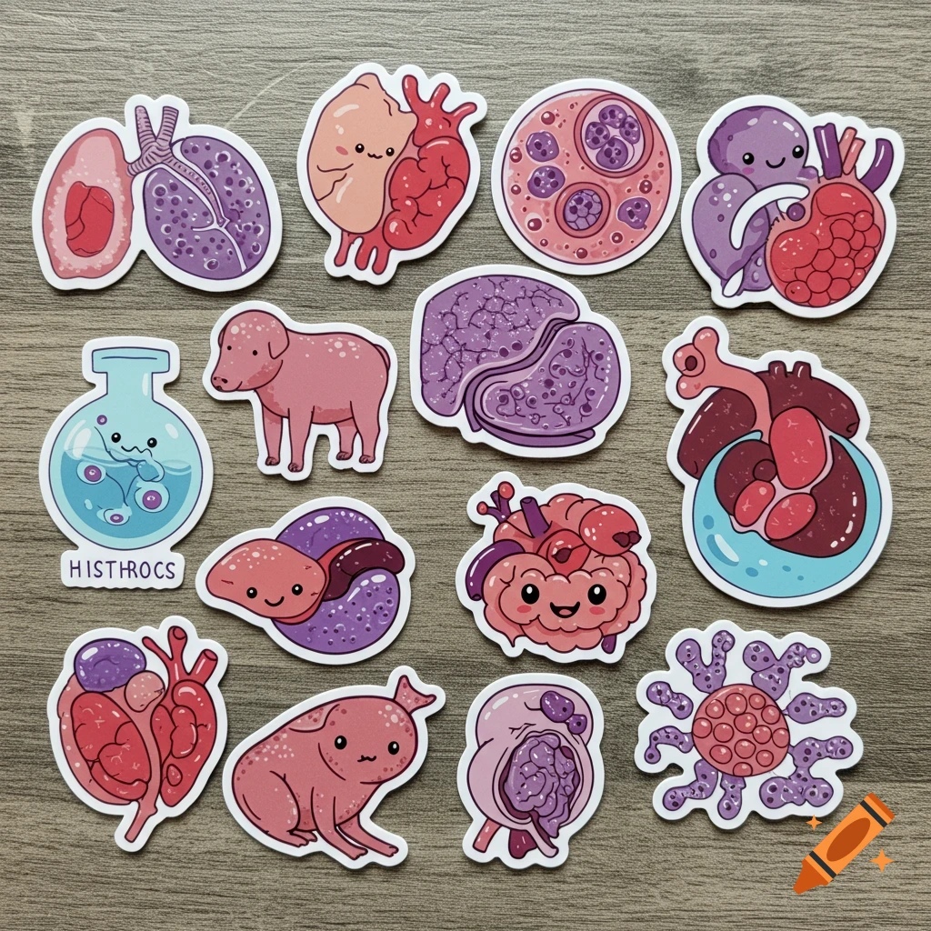 A collection of cute cartoon stickers depicting stylized internal organs, cells, and a small pink animal.