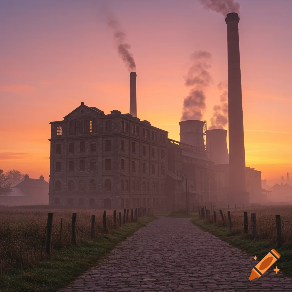 An old mill with smokestacks at sunrise, viewed from a cobblestone path