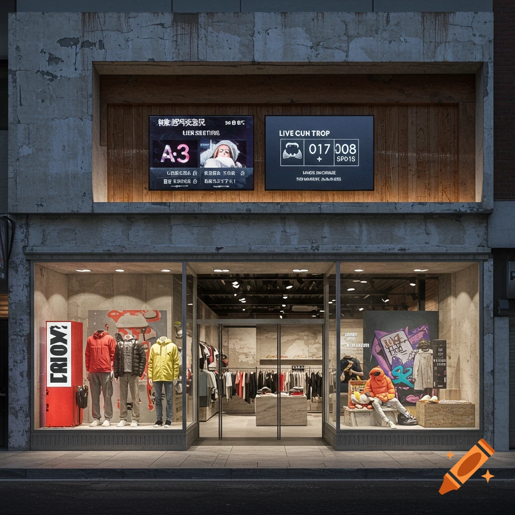 Modern clothing store storefront with large windows, mannequins, digital displays, and concrete facade.