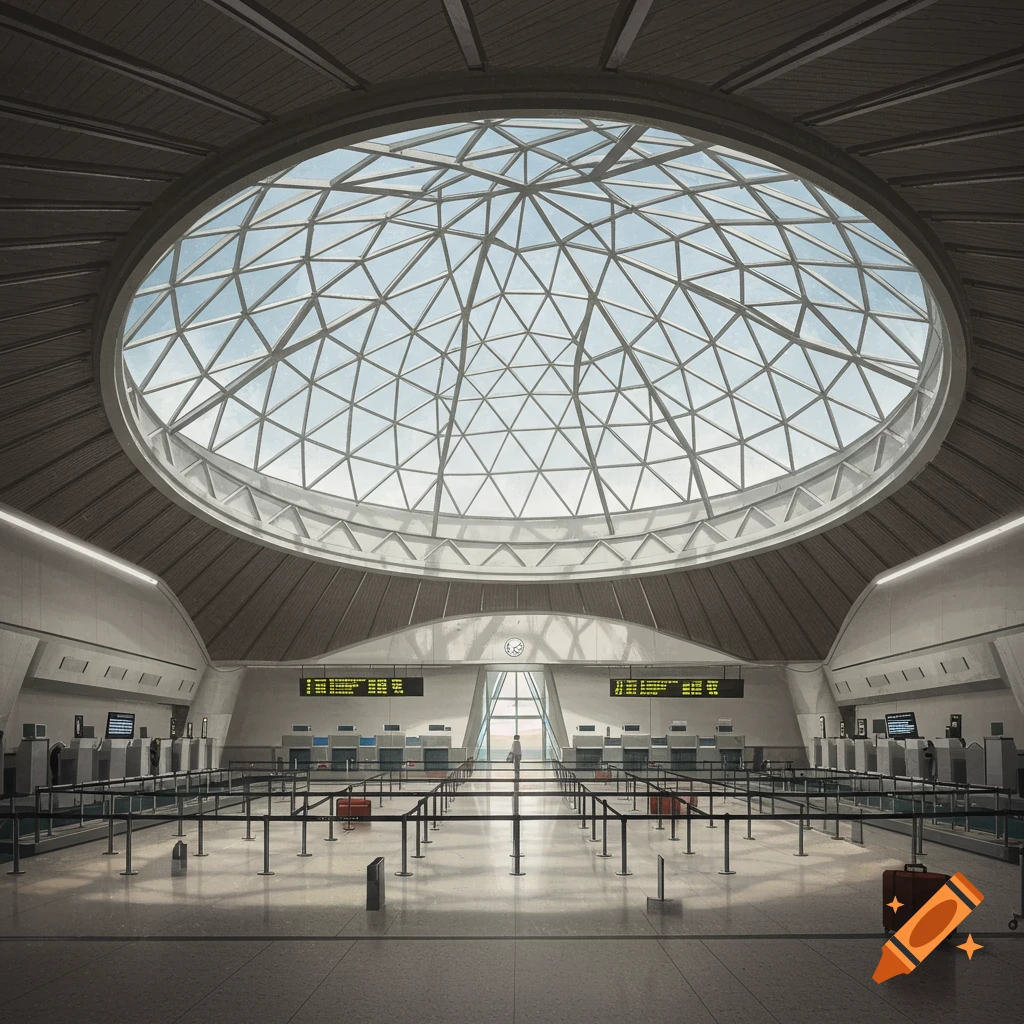 Modern airport interior with a large geometric dome skylight, check-in desks, and queuing barriers.