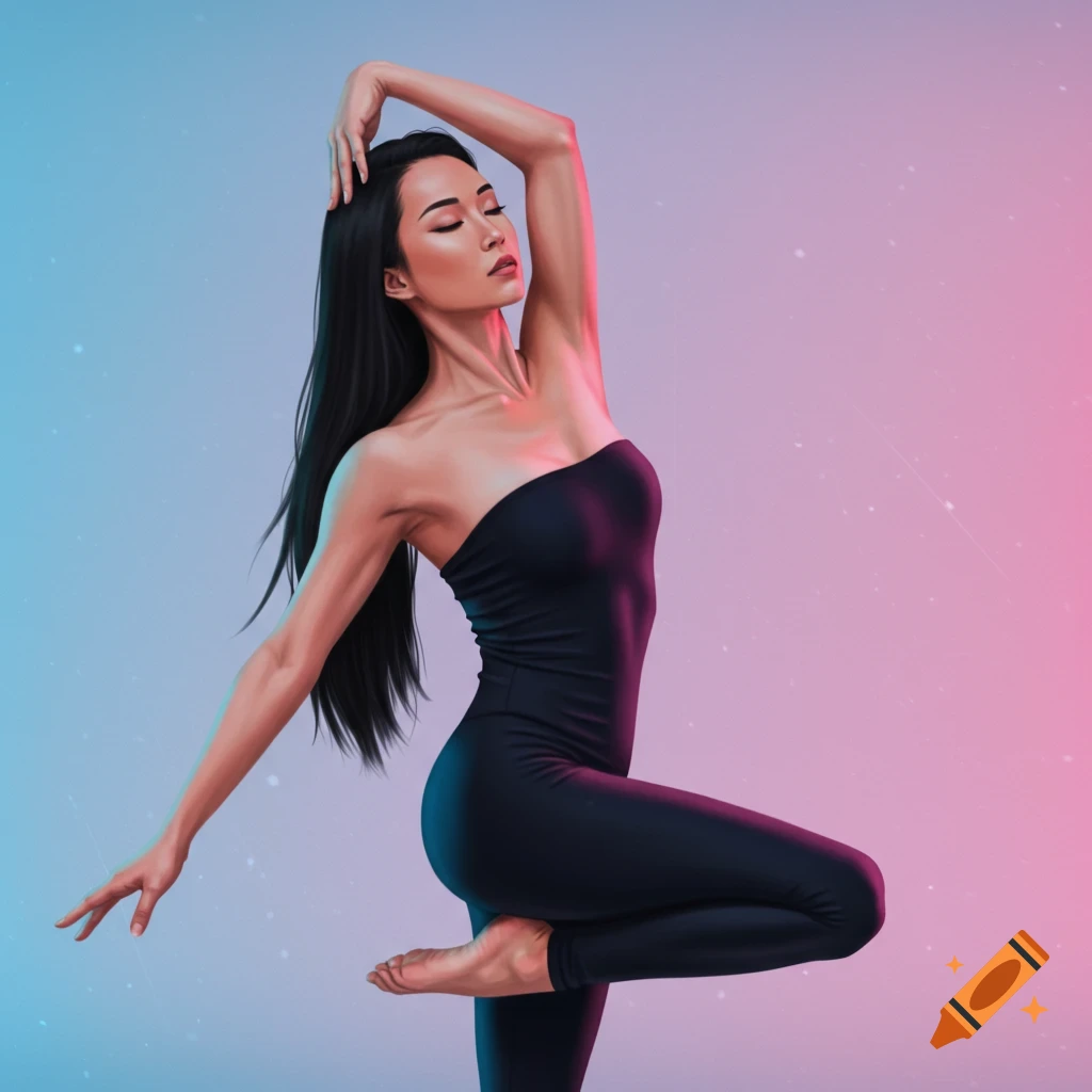A woman in a black unitard is posing with her arm raised against a blue and pink gradient background.