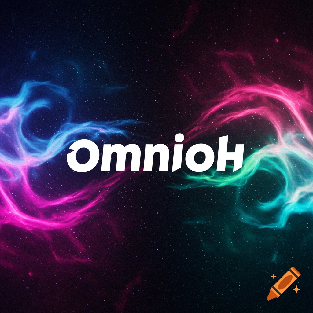 White text "OmnioH" over a colorful space background with pink, blue, and teal nebulae and stars.