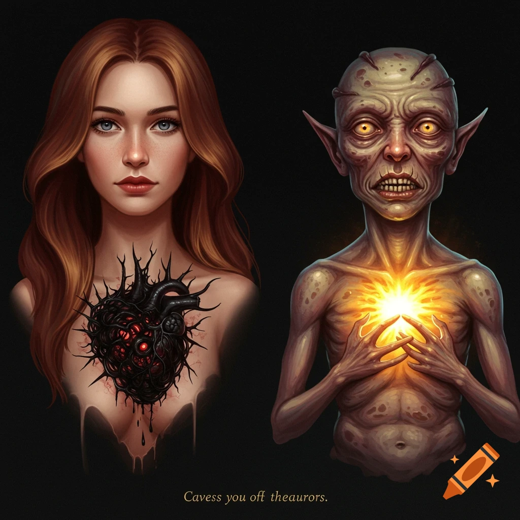 A beautiful woman with a monstrous heart next to a grotesque creature holding glowing light.