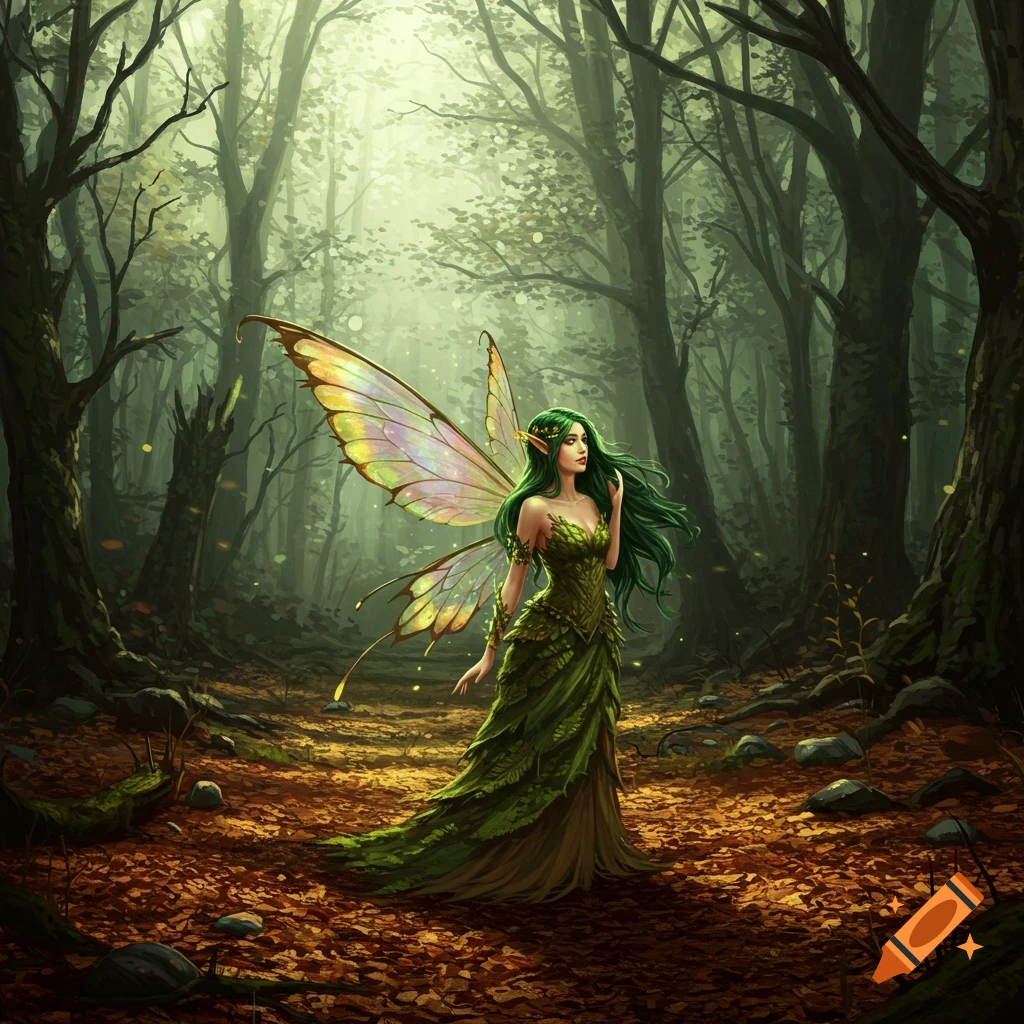 A fairy with green hair and a leafy dress is standing on a sunlit forest path.