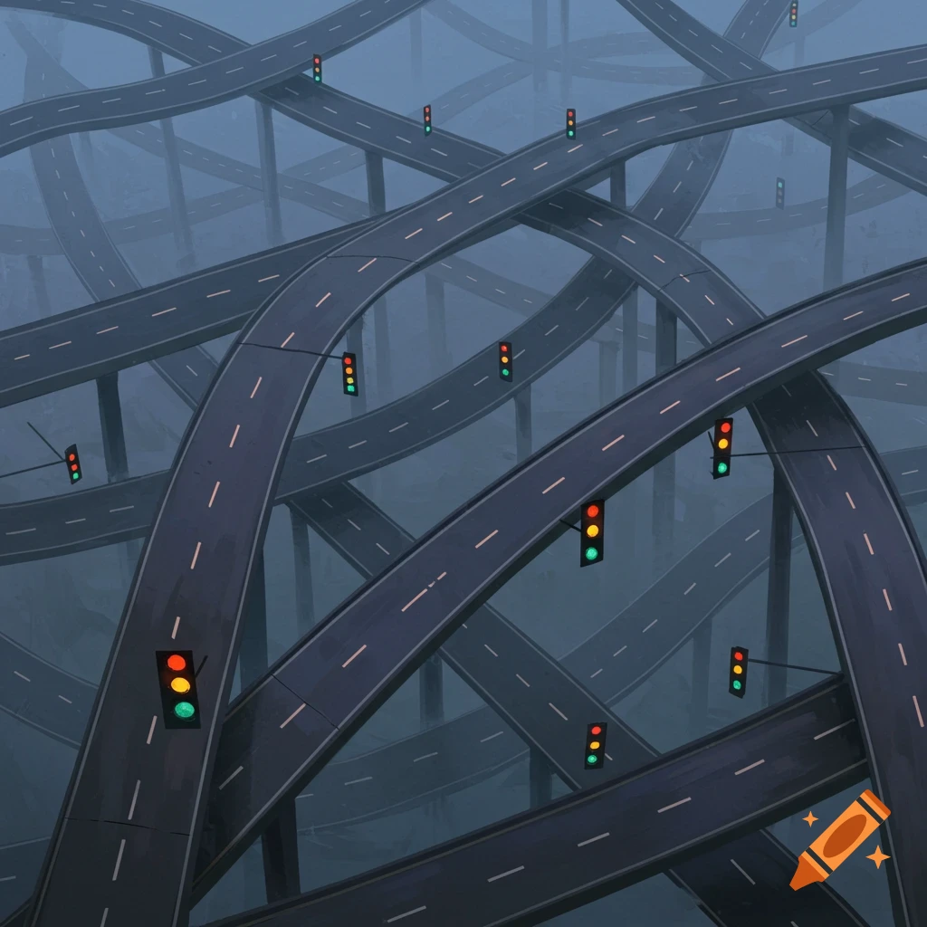 Many overlapping roads and traffic lights in a hazy atmosphere.