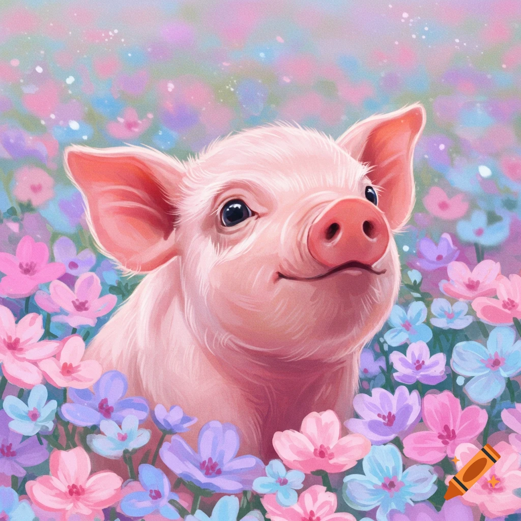 A cute baby pig in a field of pastel flowers.