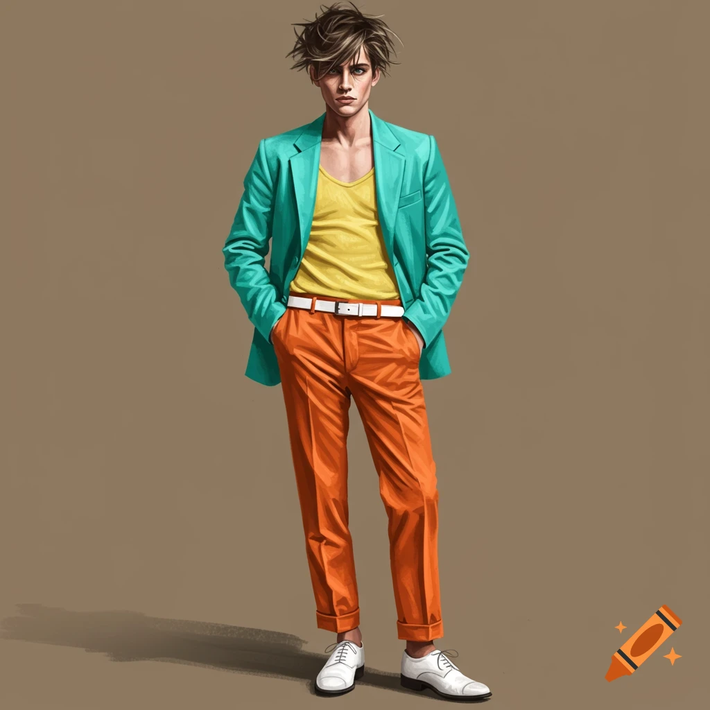 A man wearing a turquoise blazer, yellow tank top, orange slacks, white belt, and white shoes.