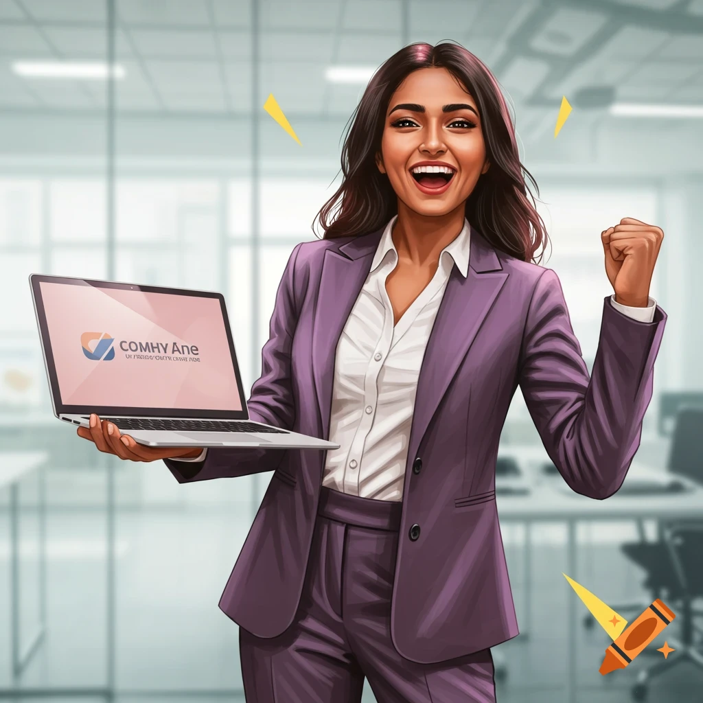 A businesswoman celebrates with a laptop in an office.
