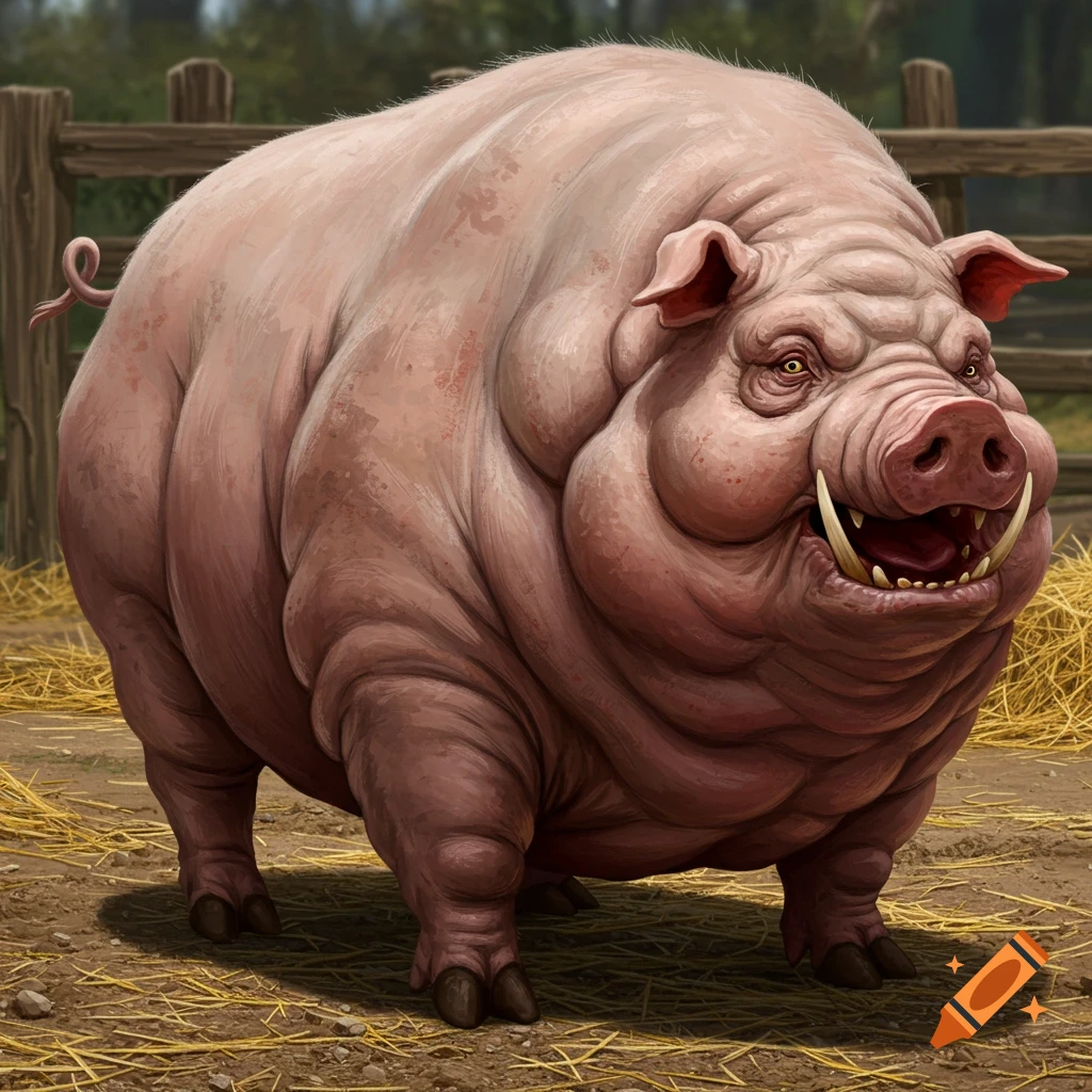 A large, wrinkly pig with tusks standing in a farmyard.