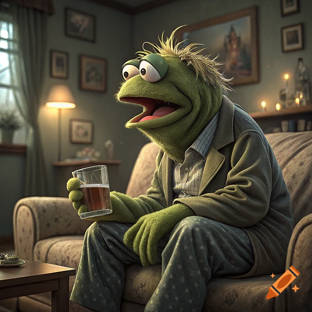 A green muppet character sits on a couch in a living room, holding a glass.